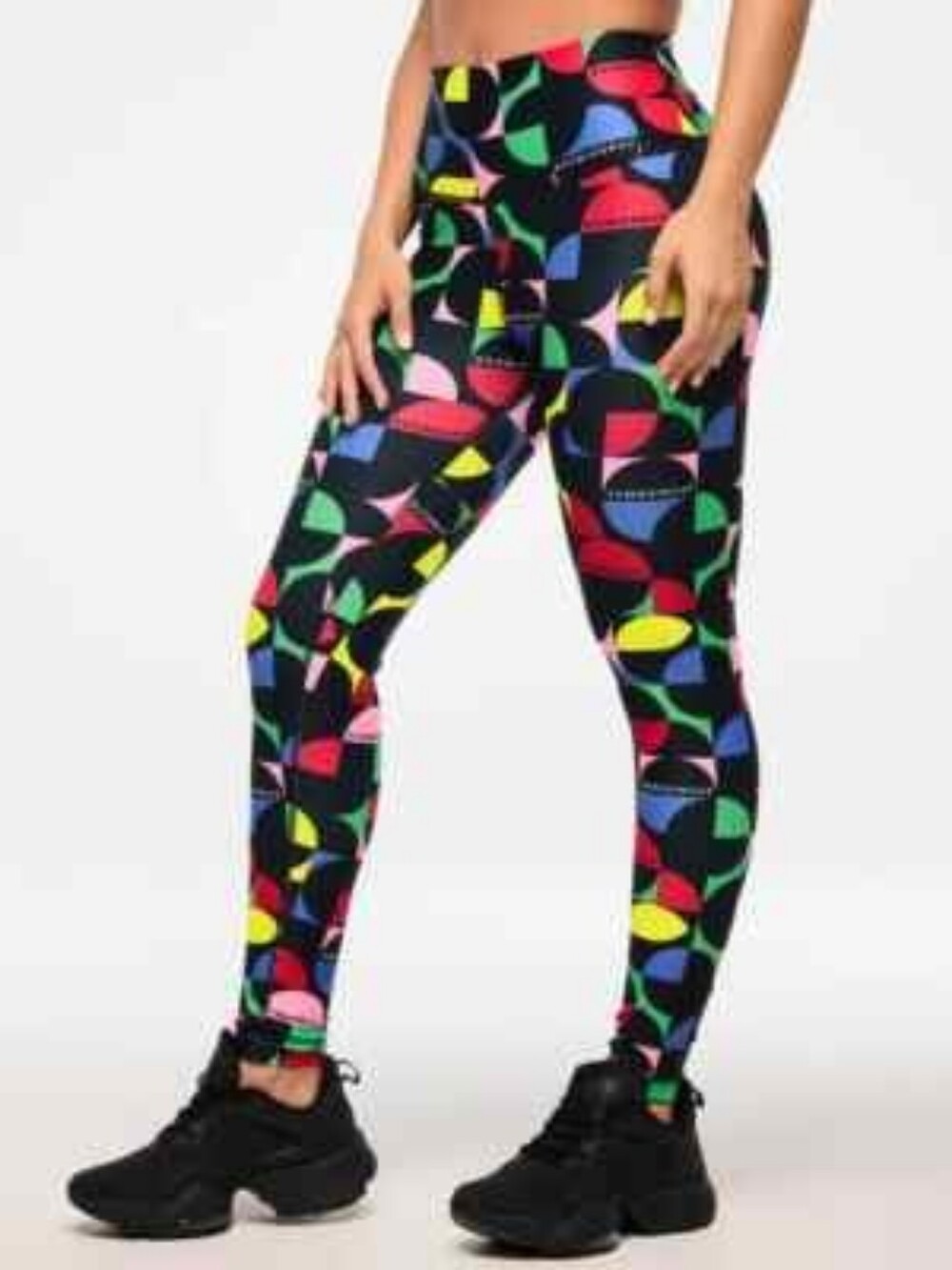 Zumba Fitness Black High-Waist Geometric Print Leggings with Multicolor Accents